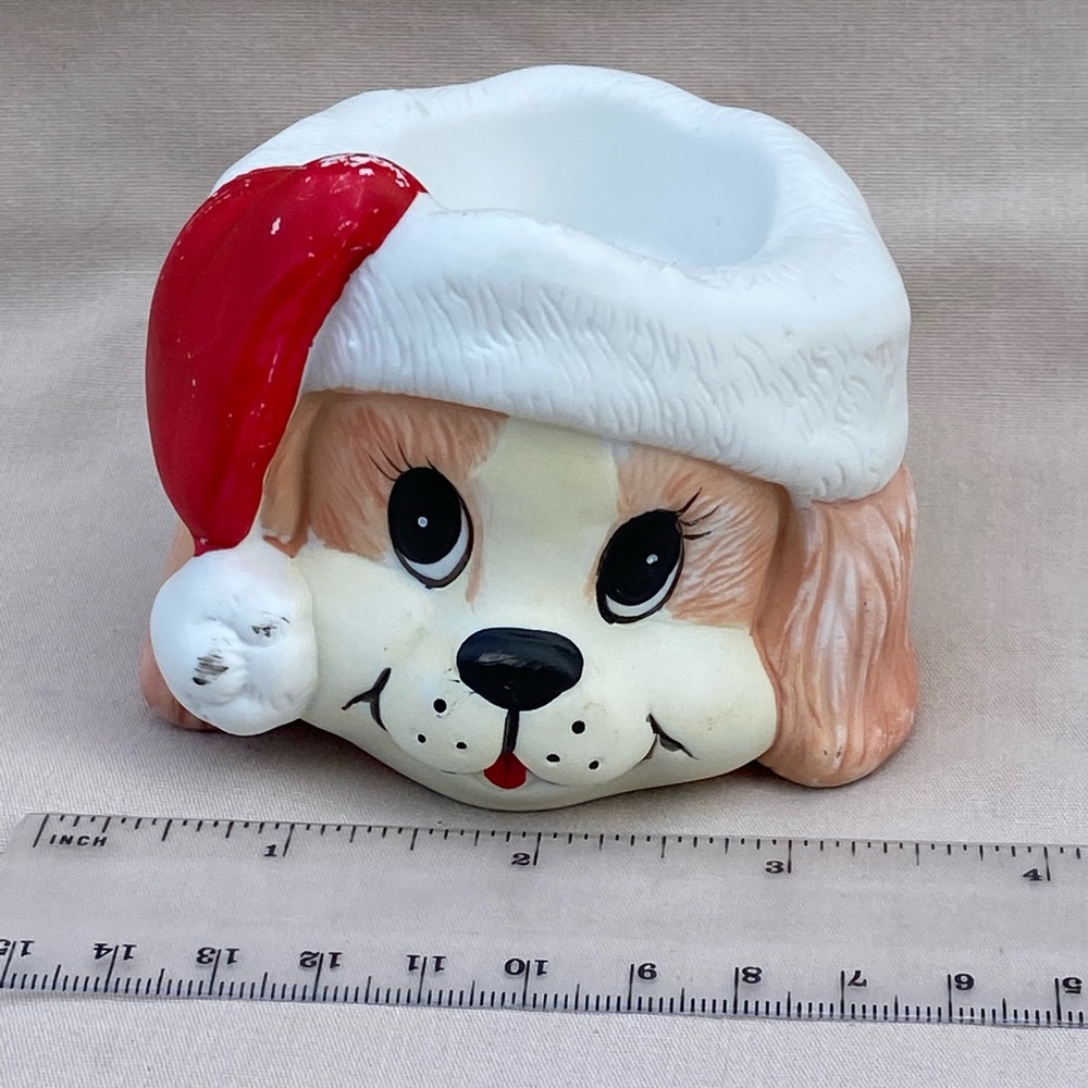 Vintage Christmas ceramic Votive Candle Holder Dog in Santa Hat Gift Co